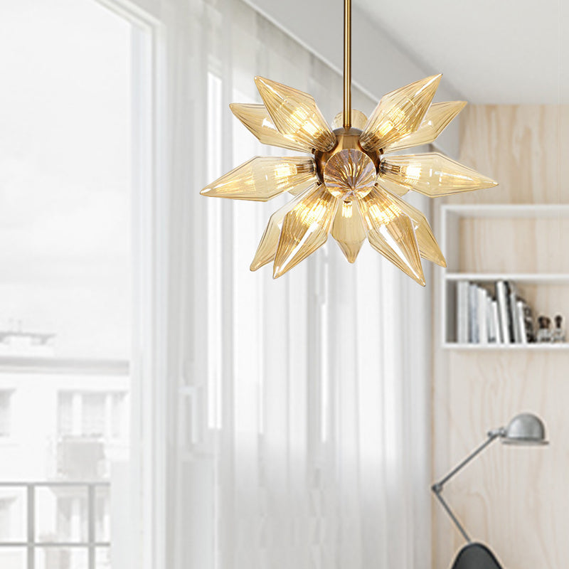 Lustre en verre transparent/ambre Sputnik - 9/12/15 ampoules - Finition laiton/cuivre - Luminaire de salon