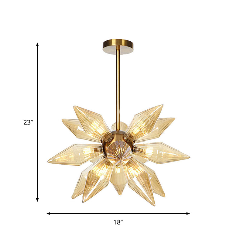 Lustre en verre transparent/ambre Sputnik - 9/12/15 ampoules - Finition laiton/cuivre - Luminaire de salon