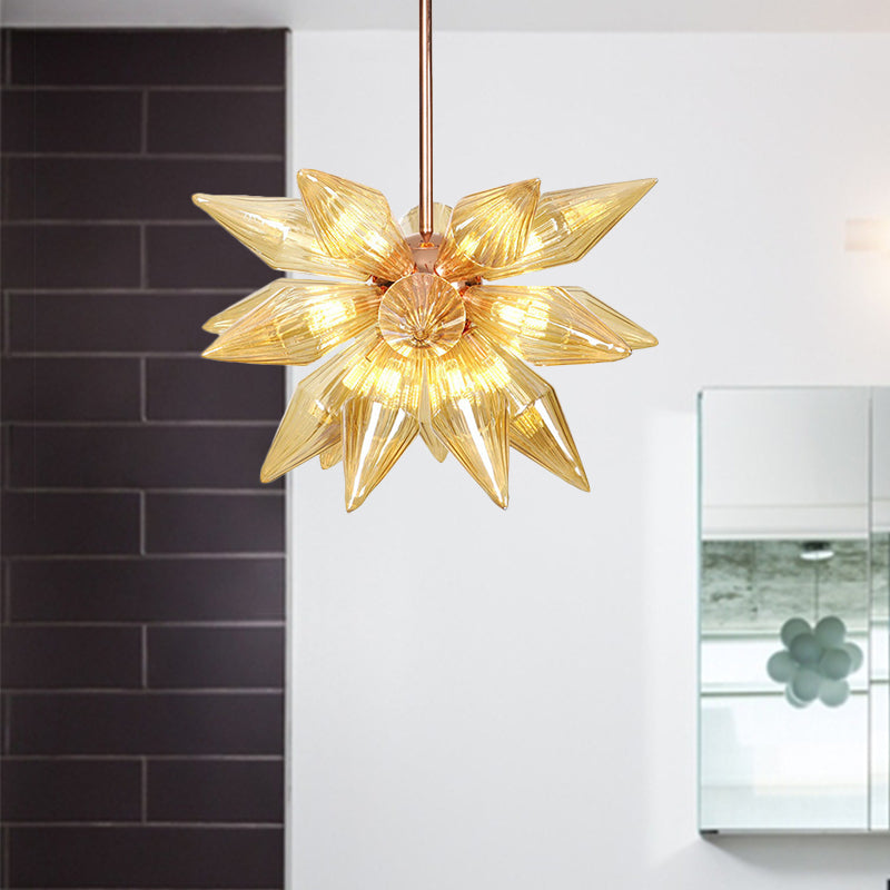 Lustre en verre transparent/ambre Sputnik - 9/12/15 ampoules - Finition laiton/cuivre - Luminaire de salon