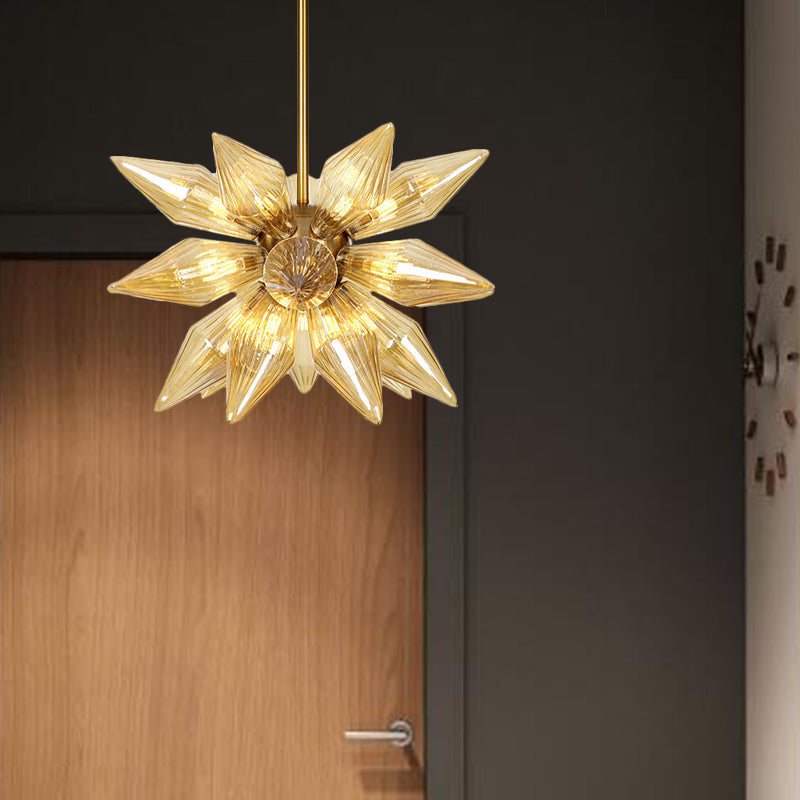 Lustre en verre transparent/ambre Sputnik - 9/12/15 ampoules - Finition laiton/cuivre - Luminaire de salon