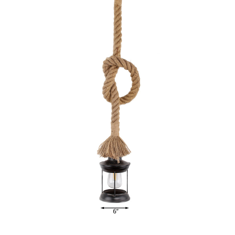 Iron Lantern Shade Pendant Light with Adjustable Rope - Lodge Style 1-Light Suspended Light in Black for Living Rooms