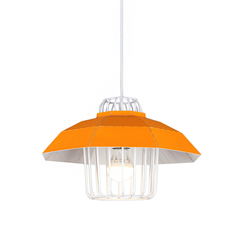 Macaron Style Drum/Bowl Pendant Light in Blue/Orange for Dining Table - Sleek Metallic Hanging Lamp with 1 Light