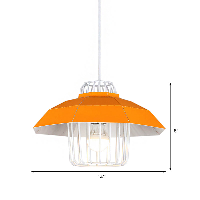 Macaron Style Drum/Bowl Shade Pendant Light - Metallic Hanging Lamp In Blue/Orange For Dining Table