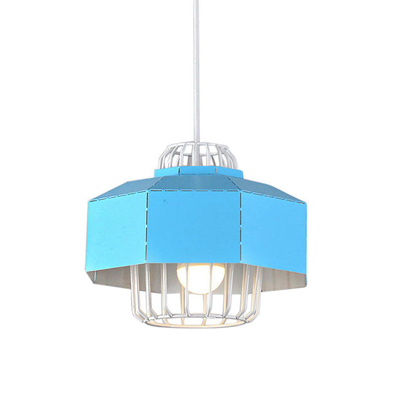 Macaron Style Drum/Bowl Pendant Light in Blue/Orange for Dining Table - Sleek Metallic Hanging Lamp with 1 Light