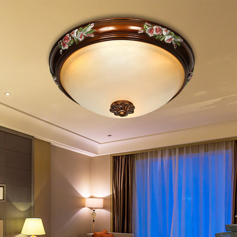 Frosted Glass Dome Shape Ceiling Flush Vintage Light Fixture with Blossom Design - Brown (12"/16"/19.5"W, 3 Bulbs) for Bedroom