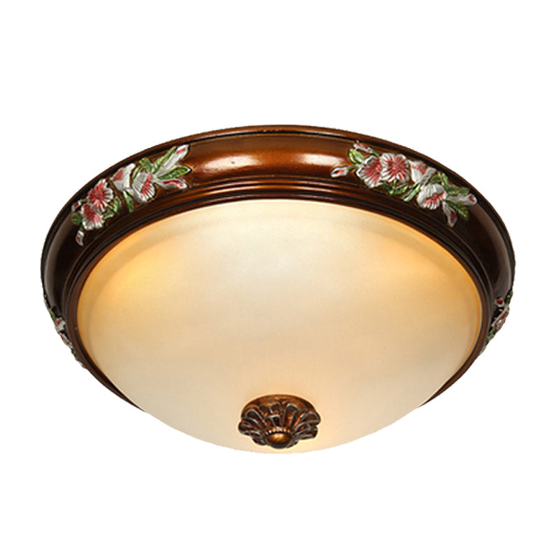 Frosted Glass Dome Shape Ceiling Flush Vintage Light Fixture with Blossom Design - Brown (12"/16"/19.5"W, 3 Bulbs) for Bedroom
