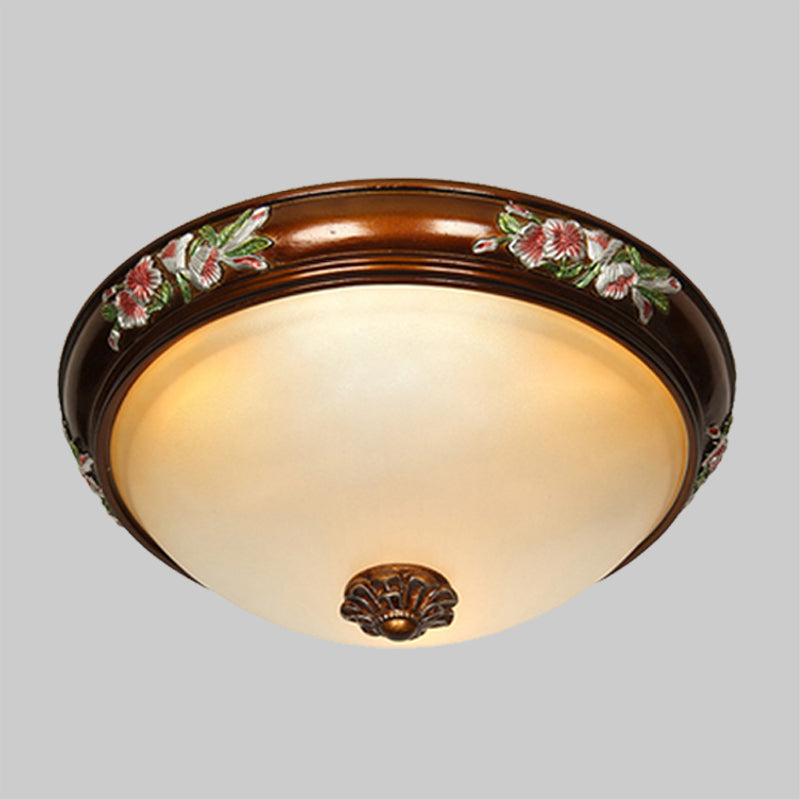 Frosted Glass Dome Shape Ceiling Flush Vintage Light Fixture with Blossom Design - Brown (12"/16"/19.5"W, 3 Bulbs) for Bedroom