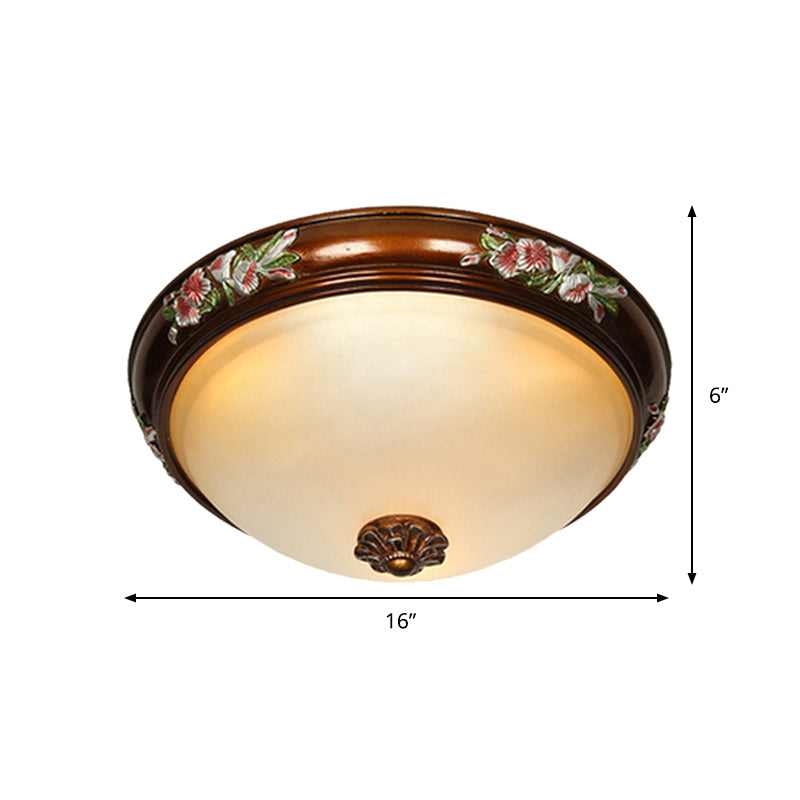 Frosted Glass Dome Shape Ceiling Flush Vintage Light Fixture with Blossom Design - Brown (12"/16"/19.5"W, 3 Bulbs) for Bedroom