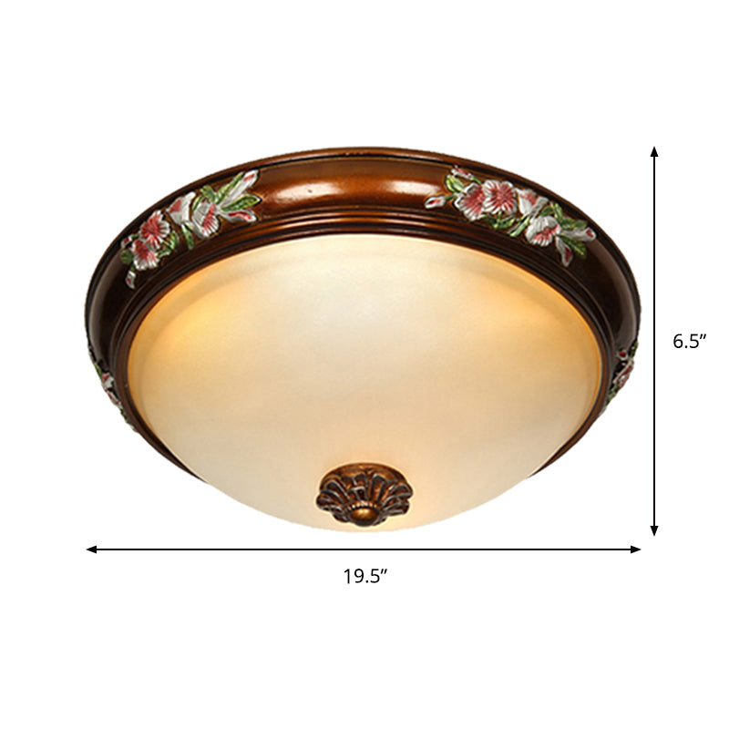 Frosted Glass Dome Shape Ceiling Flush Vintage Light Fixture with Blossom Design - Brown (12"/16"/19.5"W, 3 Bulbs) for Bedroom