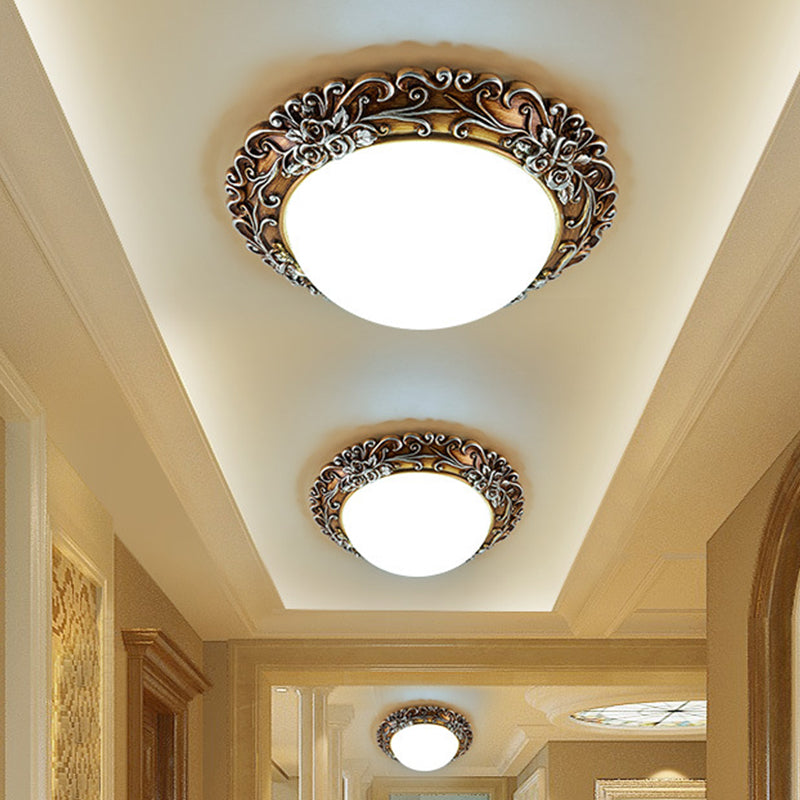 Milky Glass LED Ceiling Fixture - Traditional Semi-Orb Flush Mount Light with White and Gold/Brown Floral Edge