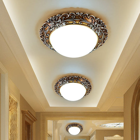 Milky Glass LED Ceiling Fixture - Traditional Semi-Orb Flush Mount Light with White and Gold/Brown Floral Edge