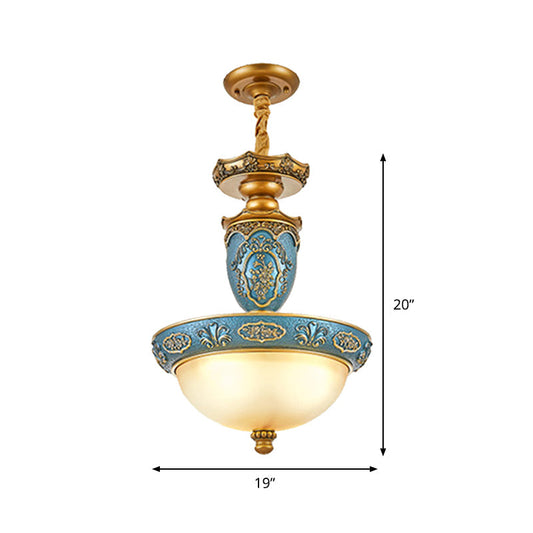 Blue Carved Blossom Pendant Farmhouse Lamp With Frosted Glass Dome - 3 Bulbs 14.5/19 Wide