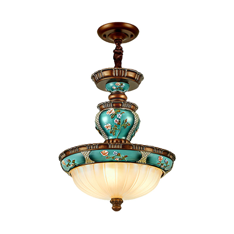 Blue Vintage Dome Hanging Lamp- 15/19 Wide Ribbed Glass Etching 3 Heads Down Lighting
