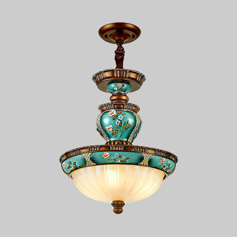 Blue Vintage Dome Hanging Lamp- 15/19 Wide Ribbed Glass Etching 3 Heads Down Lighting
