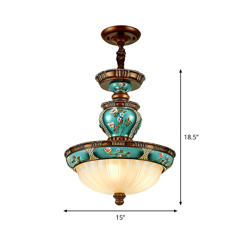Blue Vintage Dome Hanging Lamp- 15/19 Wide Ribbed Glass Etching 3 Heads Down Lighting
