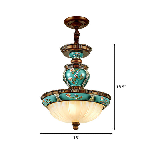 Blue Vintage Dome Hanging Lamp- 15/19 Wide Ribbed Glass Etching 3 Heads Down Lighting