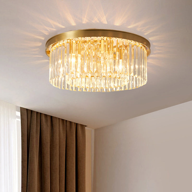 Gold Round Bedroom Flush Mount Lamp, 4/5 Clear Crystal Prisms, 16"/19.5" Wide