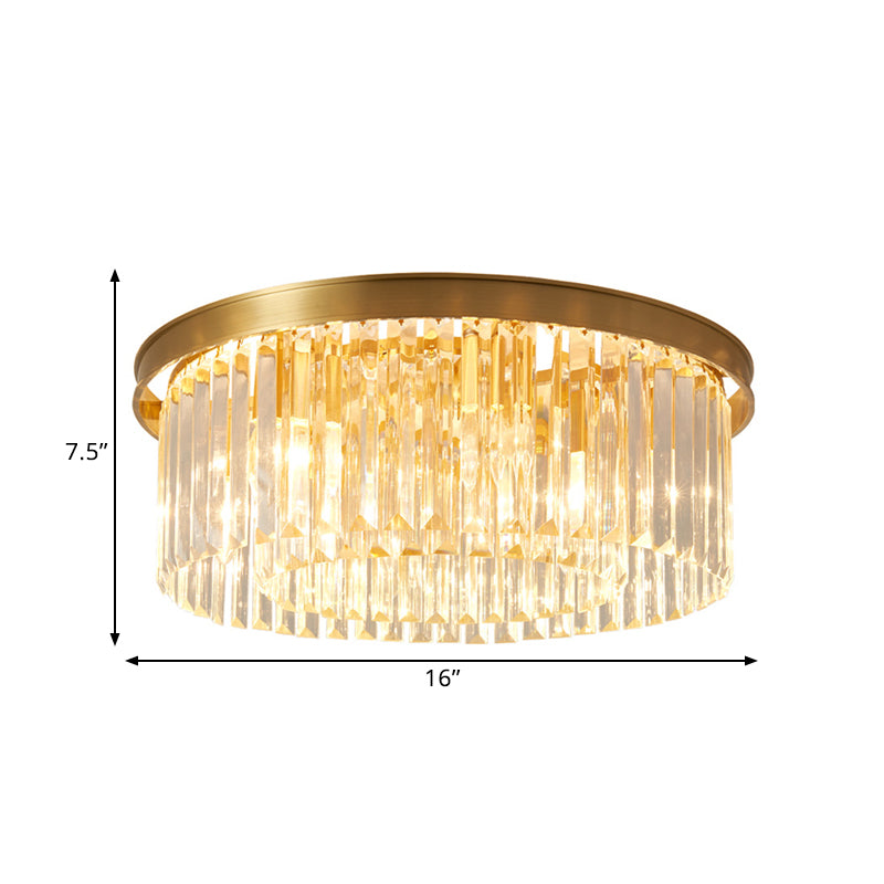 Gold Round Bedroom Flush Mount Lamp, 4/5 Clear Crystal Prisms, 16"/19.5" Wide