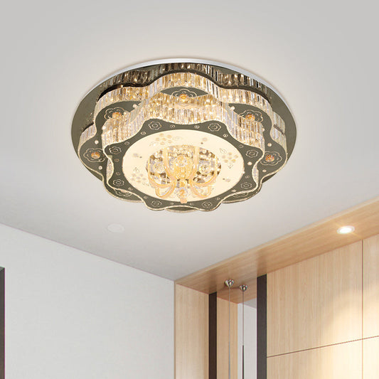 Contemporary Stainless-Steel Flush Ceiling Light with LED, Clear Crystal Blocks and Floral Design