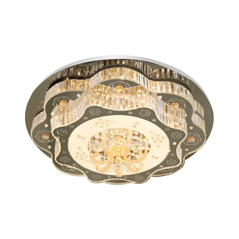 Contemporary Stainless-Steel Flush Ceiling Light with LED, Clear Crystal Blocks and Floral Design