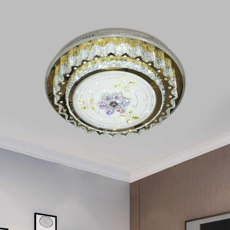 Contemporary LED Bedroom Ceiling Fixture - Crystal Blocks Round Flush Mount in Stainless-Steel