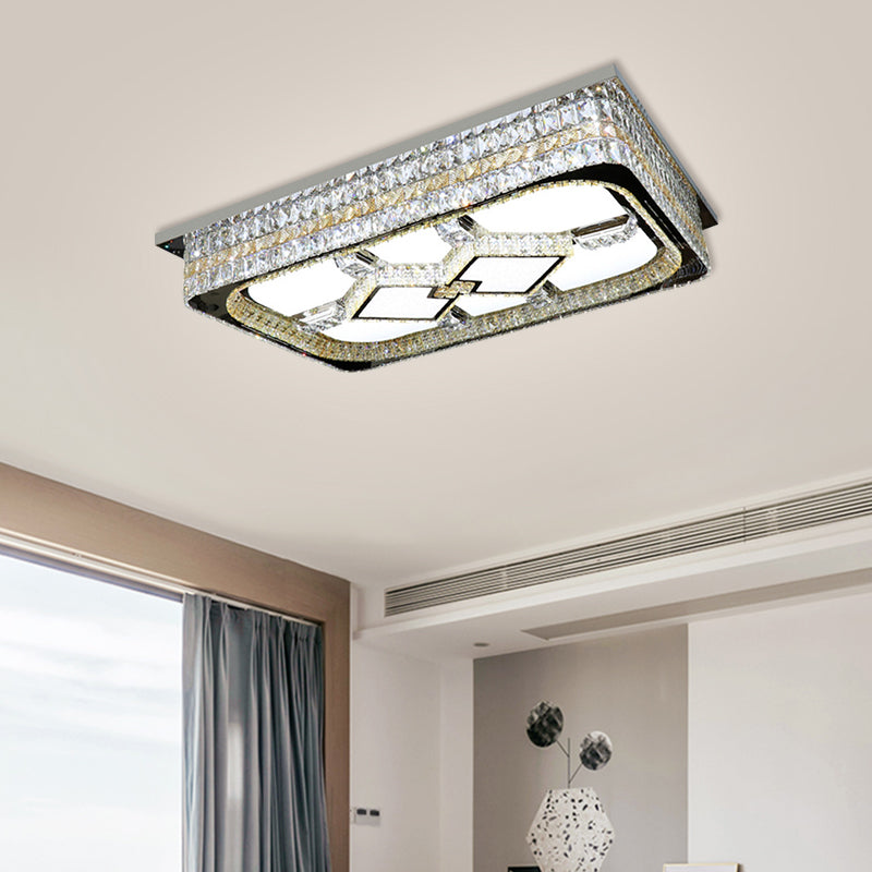 Plafonnier de salon rectangulaire moderne avec blocs de cristal transparents et luminaire encastré en acier inoxydable - LED