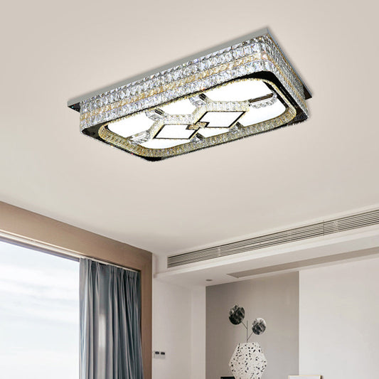 Modern Rectangular Parlor Ceiling Lamp with Clear Crystal Blocks and Stainless-Steel Flush Light Fixture - LED