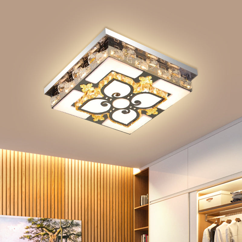 Plafonnier LED contemporain en cristal transparent en nickel pour salon carré