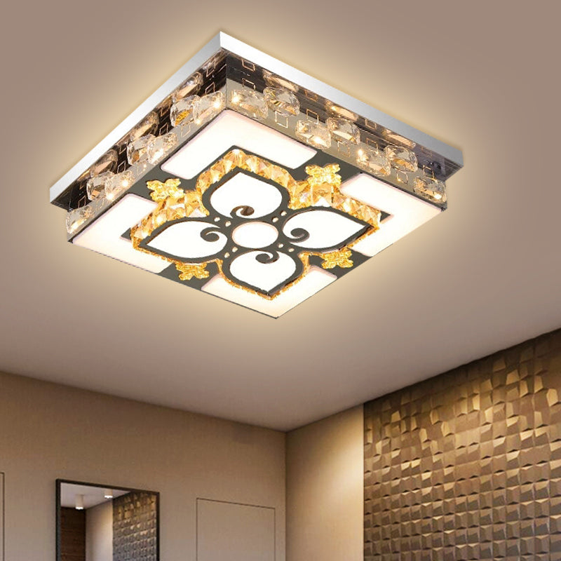 Plafonnier LED contemporain en cristal transparent en nickel pour salon carré