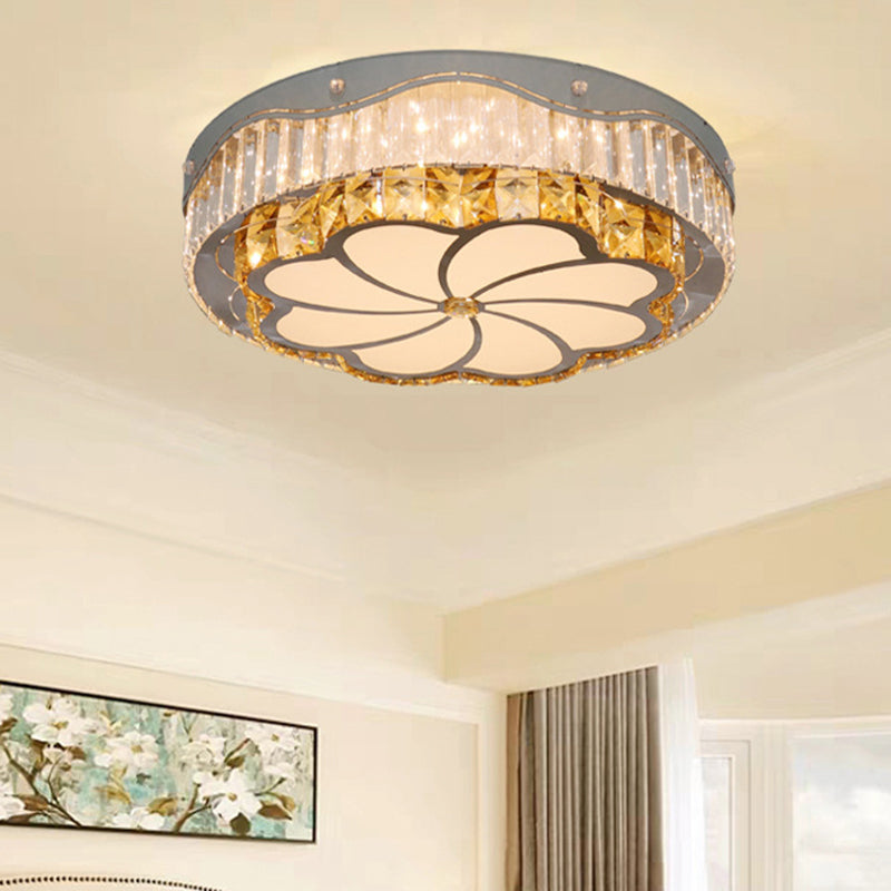 Contemporary LED Crystal Flushmount Ceiling Lamp with Windmill Pattern - Stainless Steel Drum Design