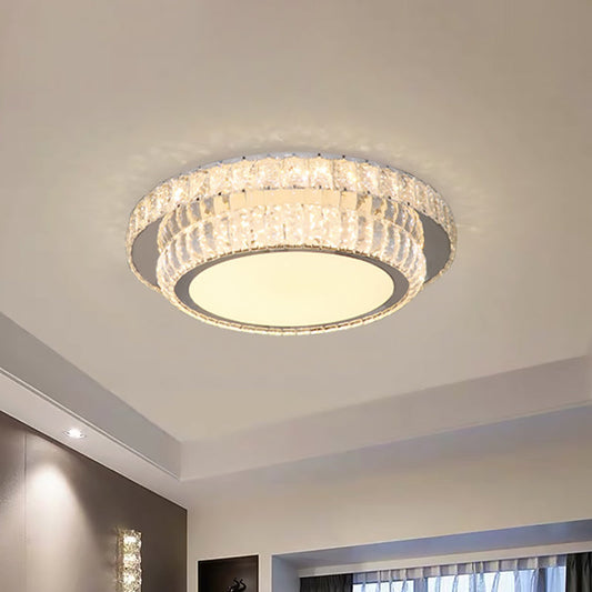 Contemporary LED Crystal Flush Mount Fixture with 2-Tier Circular Design in Nickel Finish