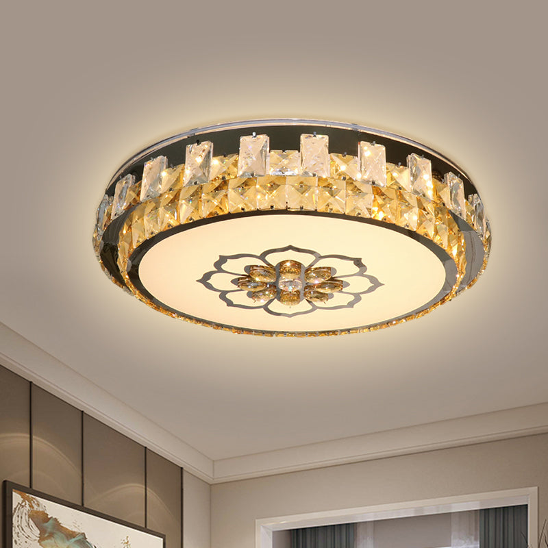 Clear Cut Crystal Blocks Flushmount LED Ceiling Lamp - Modern Stainless-Steel Design with Blossom Pattern - Ideal for Sleeping Rooms