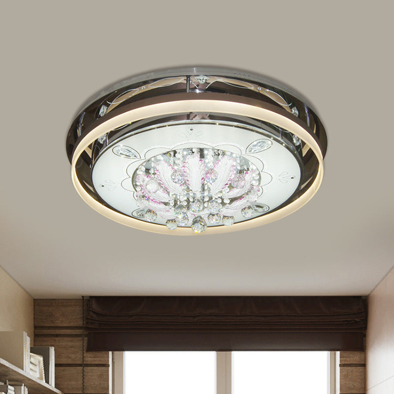 Plafonnier LED moderne à tambour avec drapé en cristal transparent - 23,5"/31,5" de large, luminaire en acier inoxydable