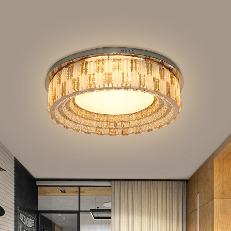 Stainless-Steel LED Flush Mount Ceiling Light with Crystal Blocks - Modern Round Fixture, 23.5"/31.5" Width