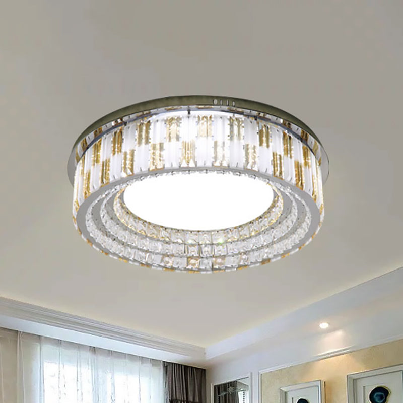 Stainless-Steel LED Flush Mount Ceiling Light with Crystal Blocks - Modern Round Fixture, 23.5"/31.5" Width