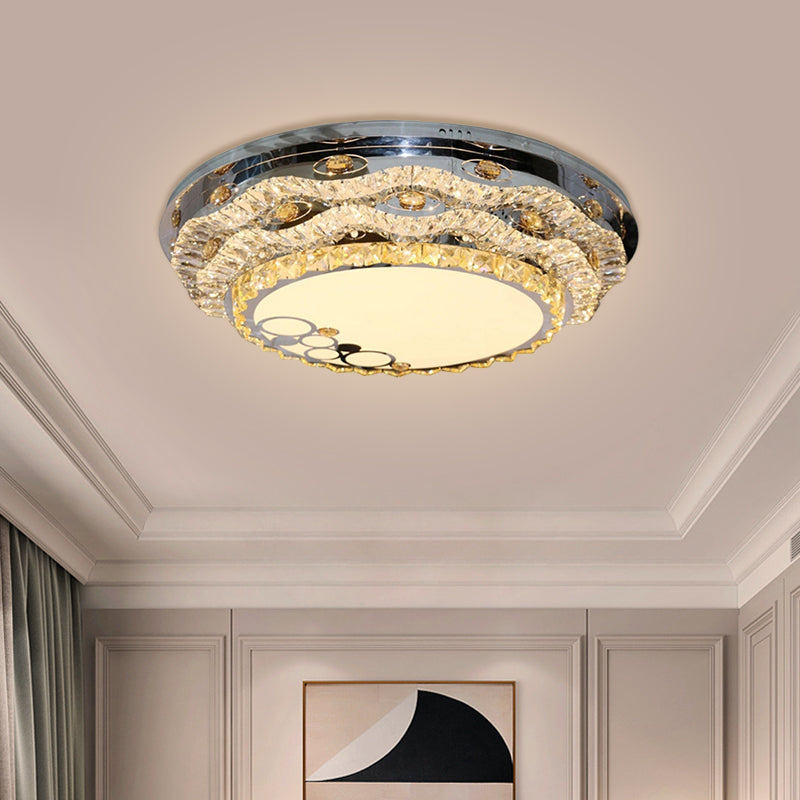 Modern Circular LED Ceiling Fixture with Clear Cut Crystal Blocks, Stainless Steel
