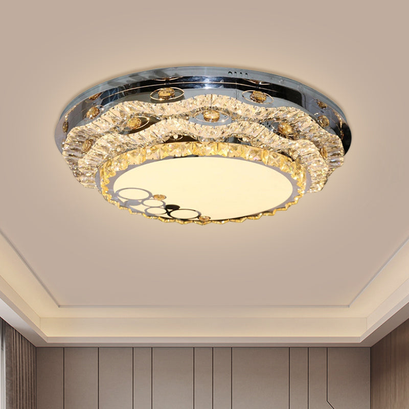 Modern Circular LED Ceiling Fixture with Clear Cut Crystal Blocks, Stainless Steel