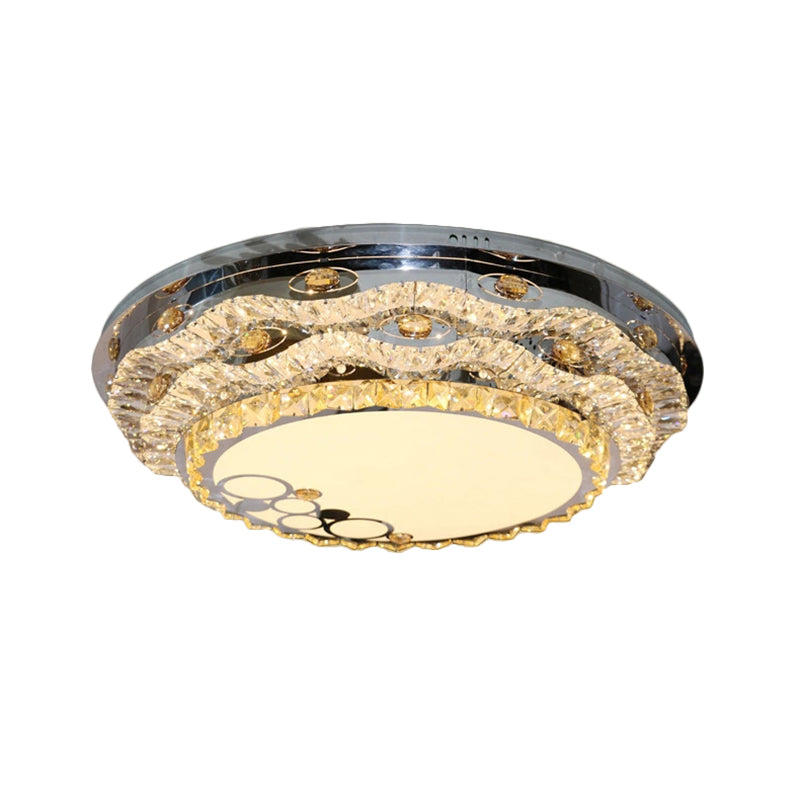 Modern Circular LED Ceiling Fixture with Clear Cut Crystal Blocks, Stainless Steel