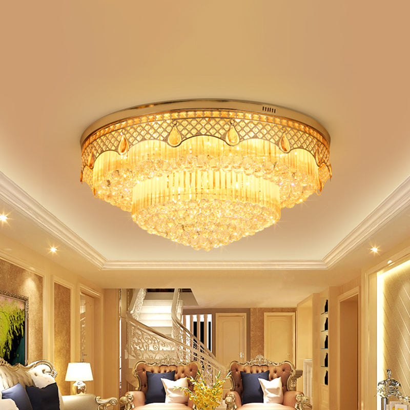 Modern Gold Finish Flush Mount Ceiling Light with 6 Tapered Bulbs and Crystal Balls