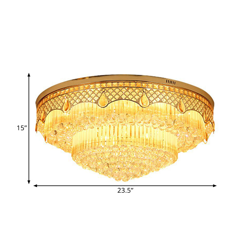 Modern Gold Finish Flush Mount Ceiling Light with 6 Tapered Bulbs and Crystal Balls