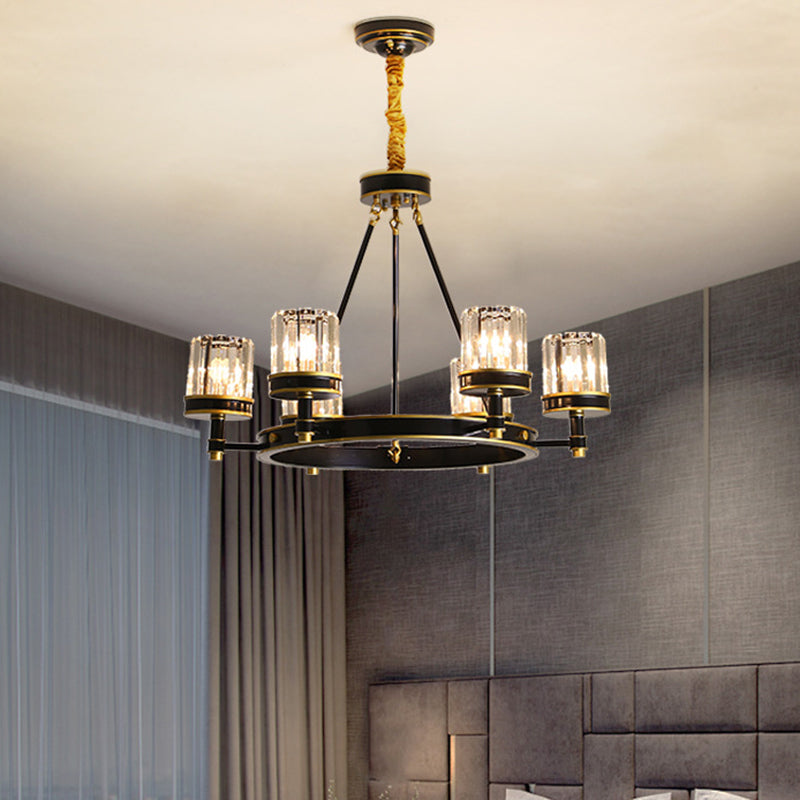 Modern Black Crystal Pendant Lighting Chandelier with Clear Cylinder Shade - 6/8 Heads for Great Rooms