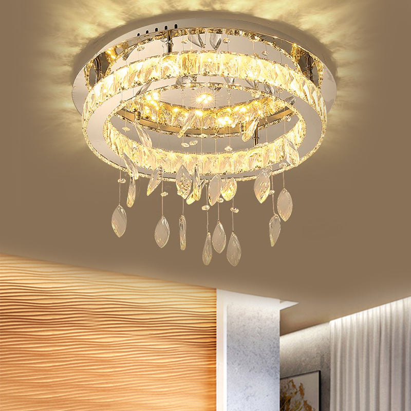 LED Ring Semi Flush Contemporary Stainless-Steel Ceiling Mount with Clear Rectangular-Cut Crystals and Leaf Droplet