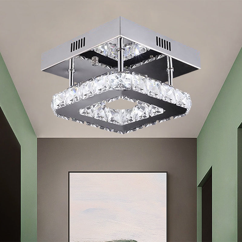 Modern Gold/Stainless-Steel LED Square Ceiling Lamp with Clear Faceted Crystal Blocks and White/Warm Light Flush Mount