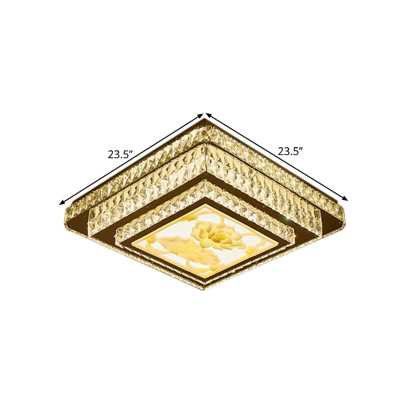Modern Stainless-Steel Flush Mount Bedroom LED Ceiling Light with Clear Rectangular-Cut Crystals