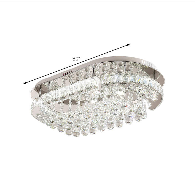 Sleek Stainless-Steel LED Light Fixture with Clear Cut Crystal Blocks and Oval Semi Flush Design