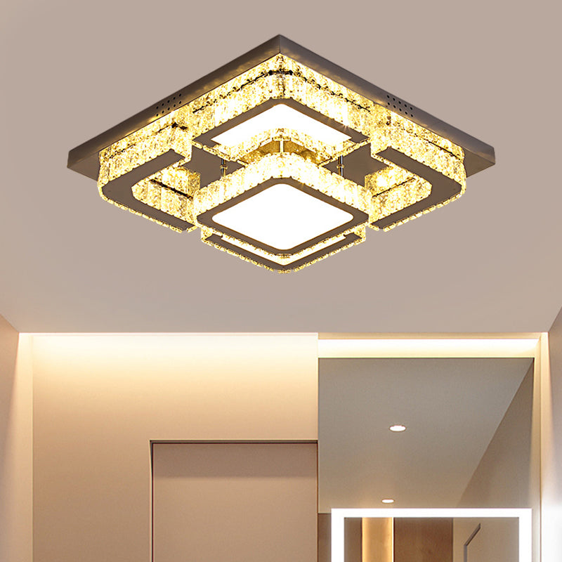Modern LED Crystal Semi Flush Ceiling Light - Square Shape with Rectangular-Cut Crystals, Stainless Steel