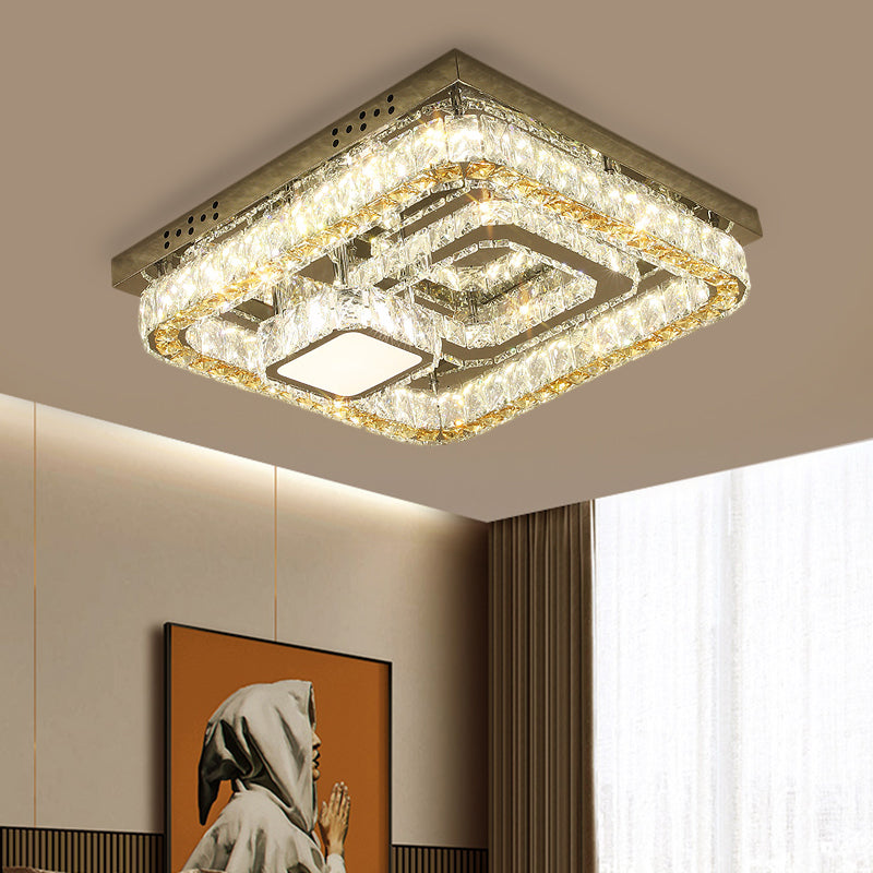 Plafonnier LED carré moderne en acier inoxydable avec blocs de cristal taillé transparent pour chambre à coucher
