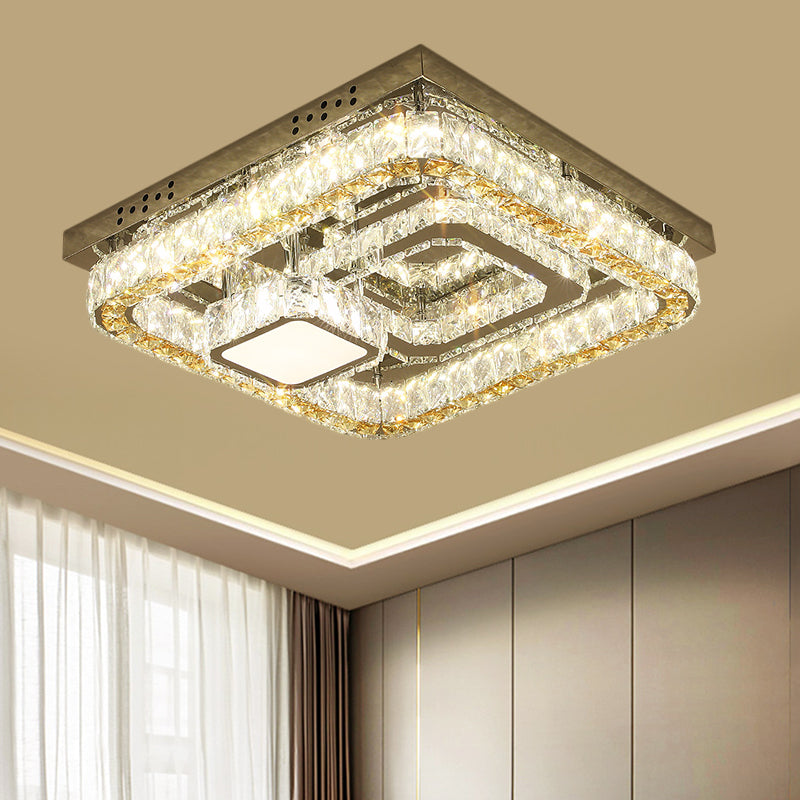 Plafonnier LED carré moderne en acier inoxydable avec blocs de cristal taillé transparent pour chambre à coucher