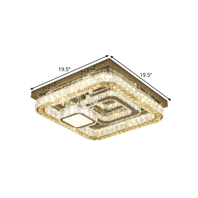 Plafonnier LED carré moderne en acier inoxydable avec blocs de cristal taillé transparent pour chambre à coucher