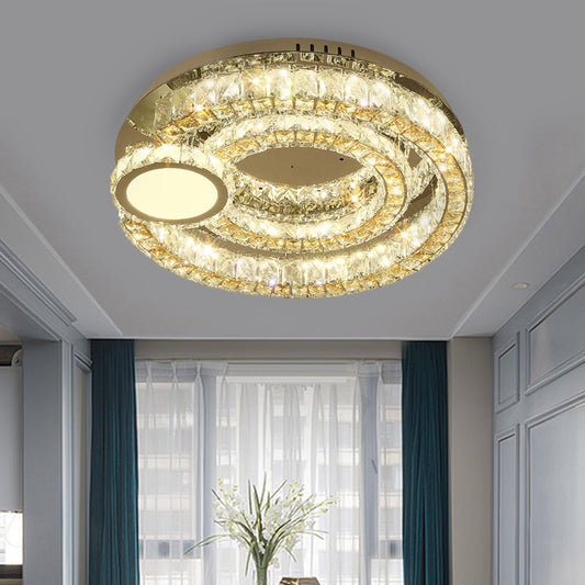 Contemporary LED Ring Flushmount: Stainless-Steel Finish, Clear Faceted Crystal Blocks Ceiling Light